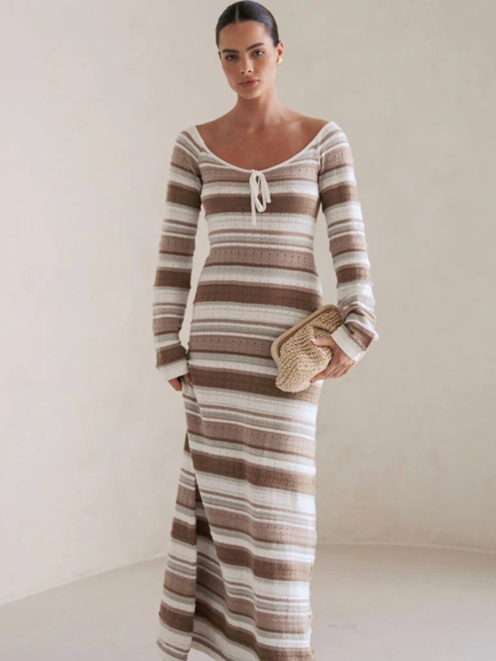 Sabo Brown and White Stripe Knit Long Sleeve Maxi Dress NWT - Small